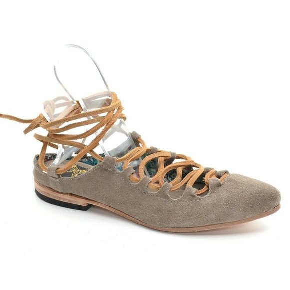 Freebird Enya Taupe Leather Ankle Tie Flats 7 M New - Picture 1 of 7